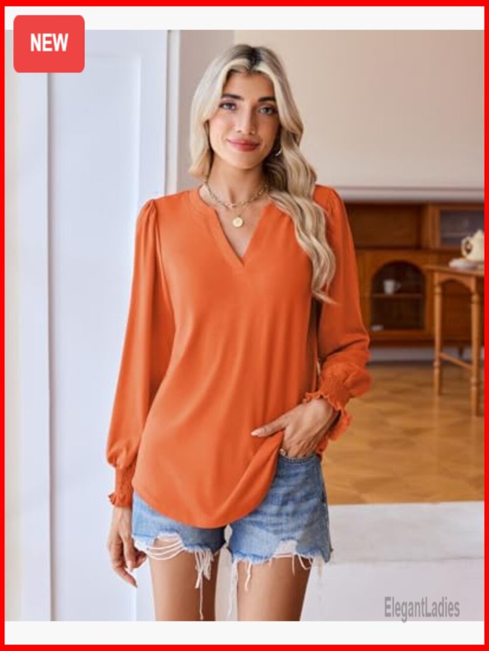 Women's V-Neck Long Sleeve Tunic Blouse Dressy Casual Tops with Smocked Cuffs - Picture 2 of 7